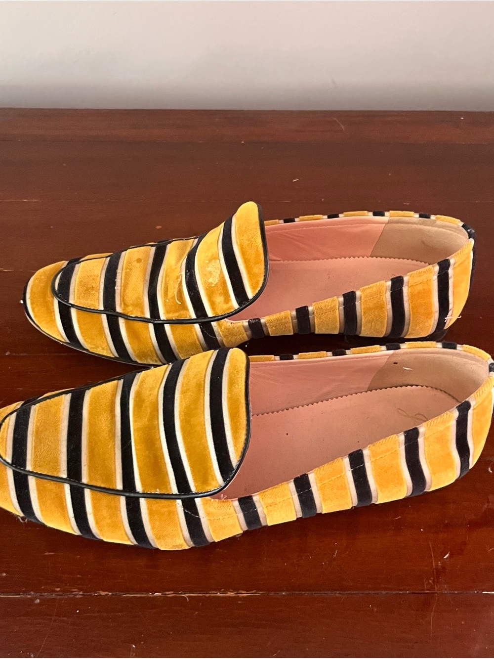 J. Crew Yellow Black and Cream Striped Velvet Smoking Slippers Loafers